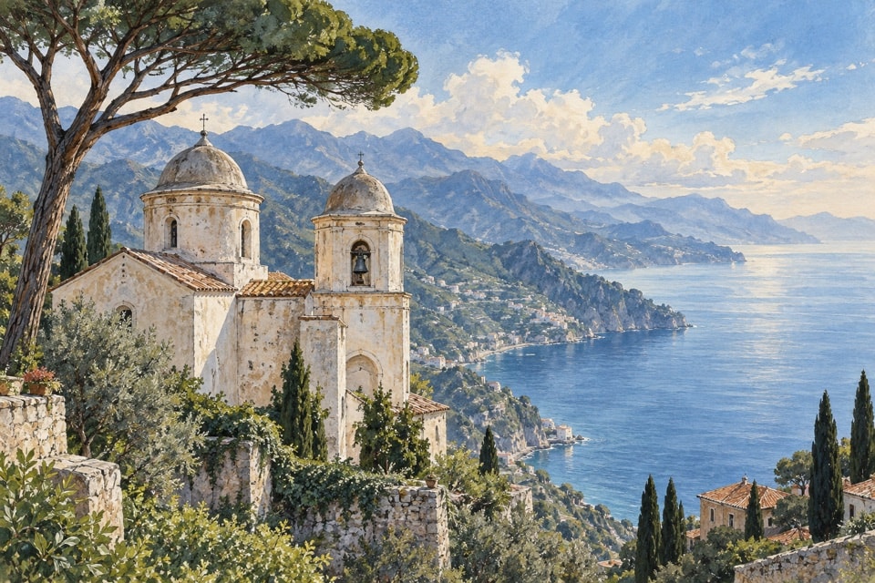 Illustrazione delle cupole dell’Annunziata su un crinale affacciato sul mare