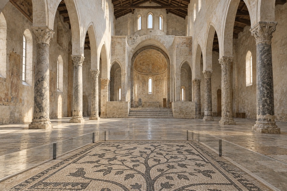 Illustrazione di una basilica medievale con archi e mosaico pavimentale ad albero
