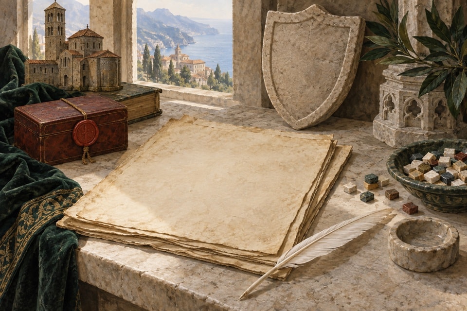 Illustrazione di carte, sigillo e pietra senza iscrizioni leggibili