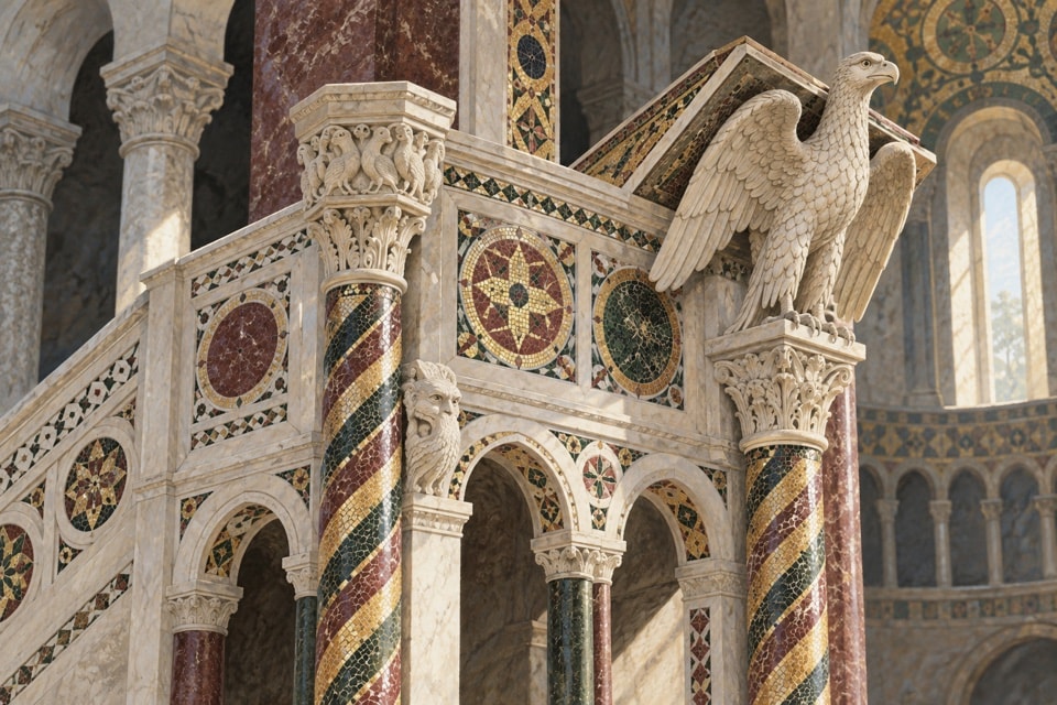 Illustrazione ravvicinata di un ambone in marmo con colonne e mosaici policromi