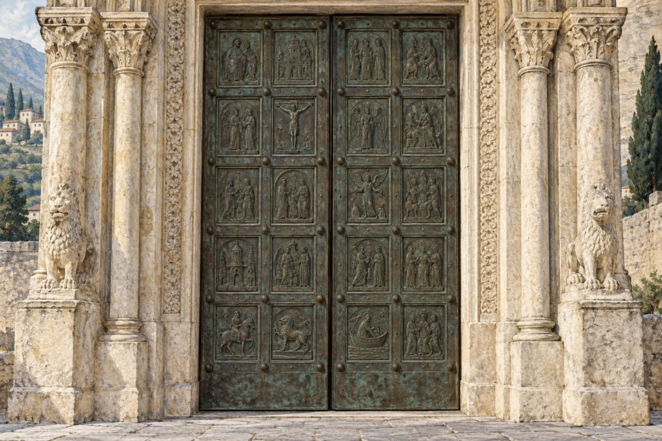 Illustrazione di una porta medievale in bronzo entro un portale di pietra