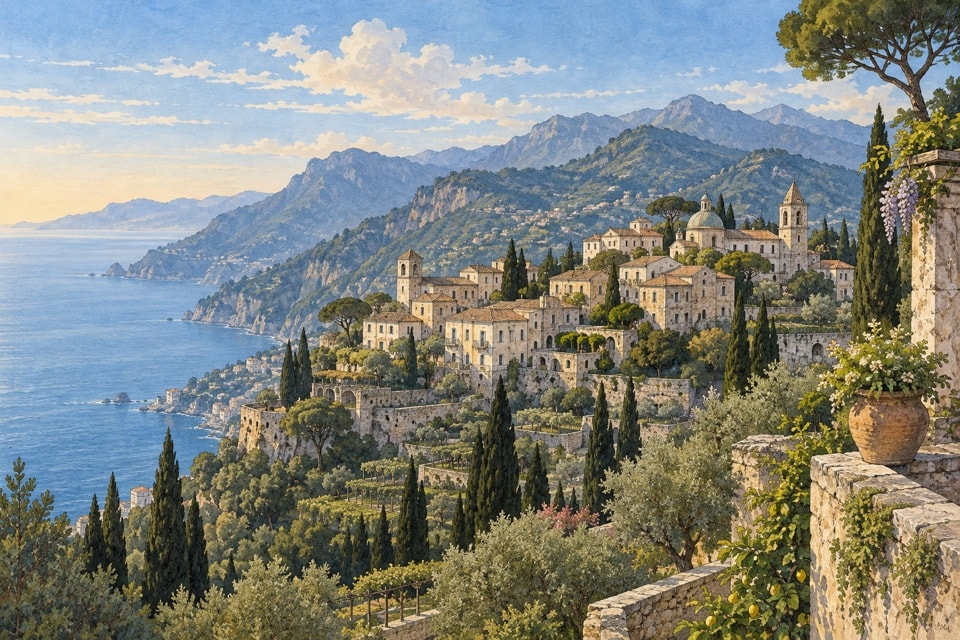 Veduta illustrata di un centro storico costiero tra terrazze e montagne