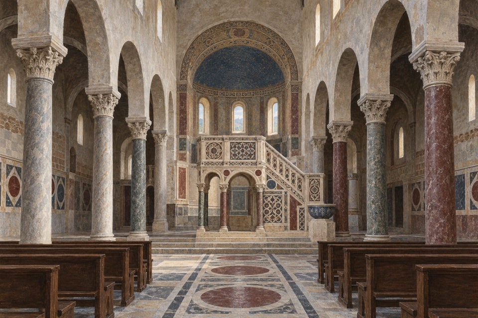 Illustrazione di una chiesa medievale a tre navate con ambone musivo