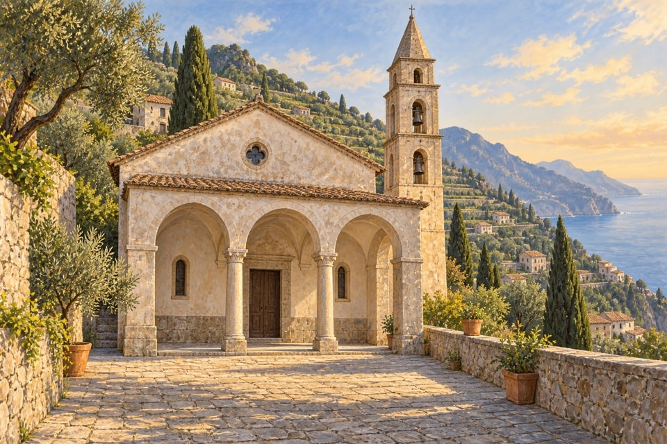 Illustrazione di una piccola chiesa con portico a tre archi e campanile