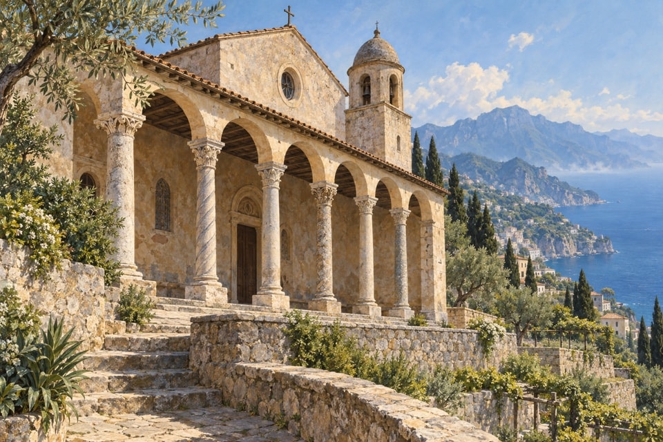 Illustrazione di una chiesa sul pendio con un lungo portico a colonne