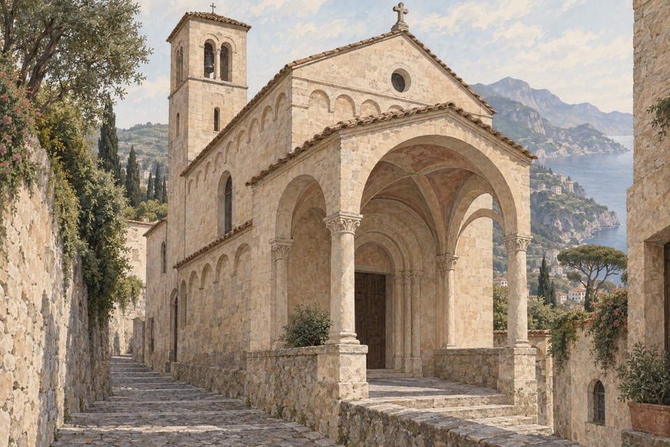 Illustrazione di una piccola chiesa romanica con portico voltato e campanile